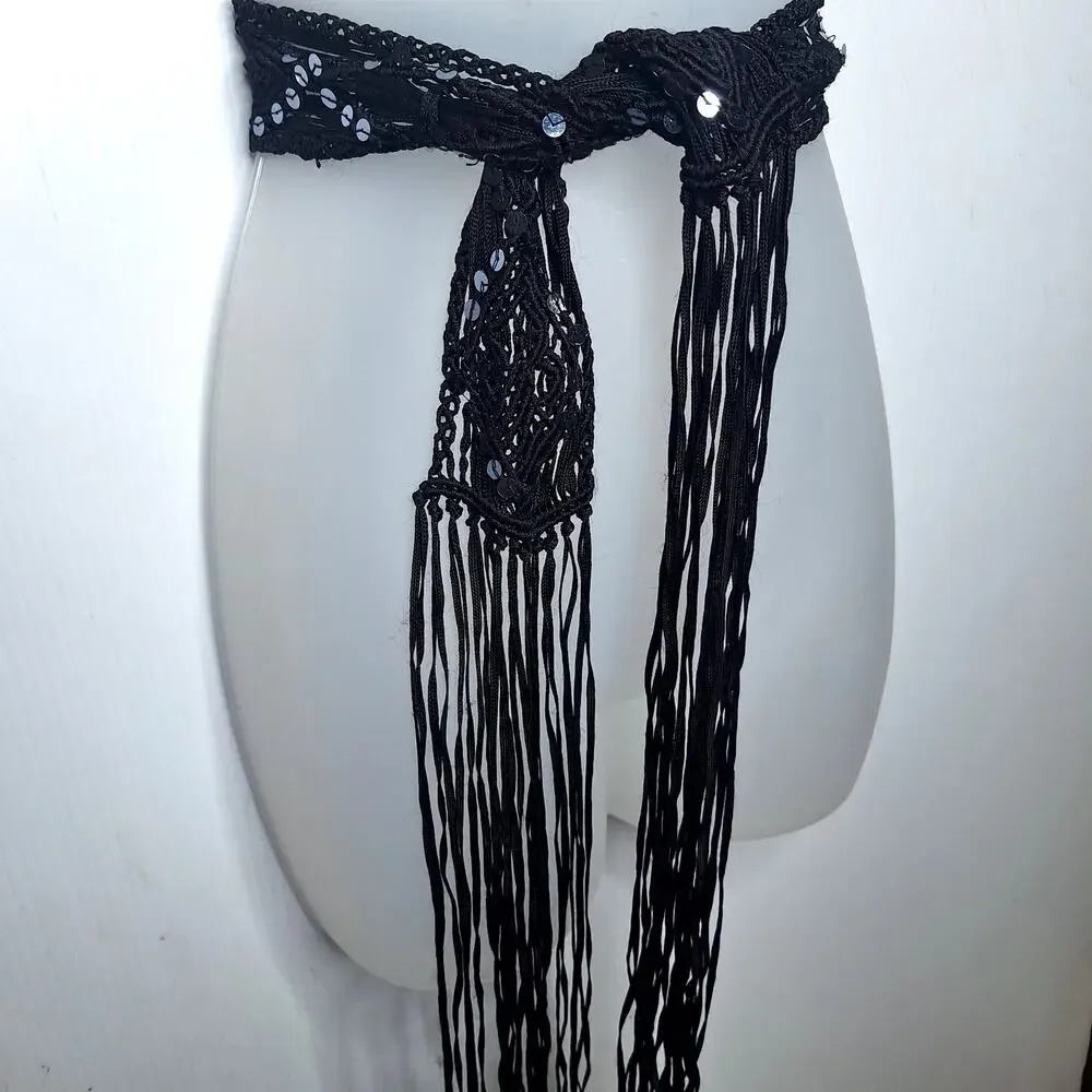 Vintage Y2K Crochet Fringe Belt Sequin Macrame Fairy Whimsygoth Boho Festival SM